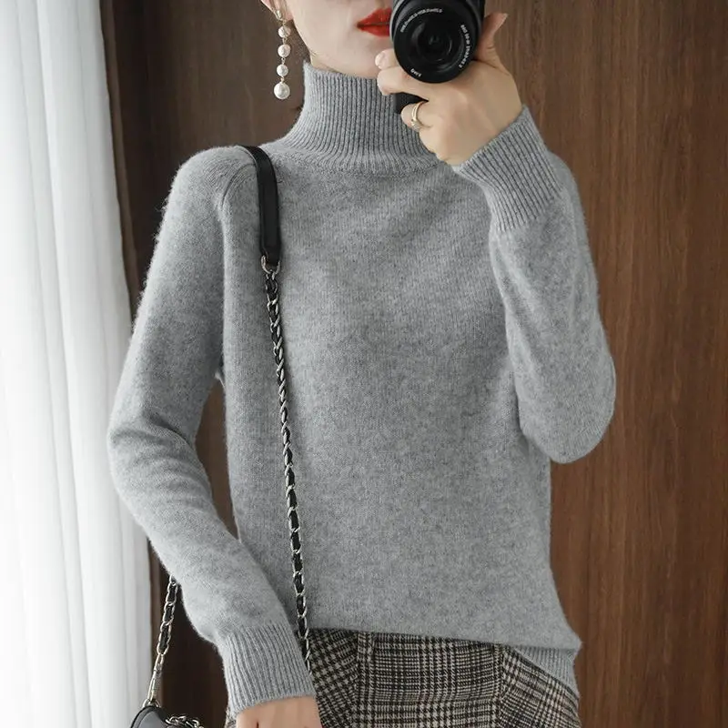 Women High Collar Wool Knit Sweater Large Beige - Image 2