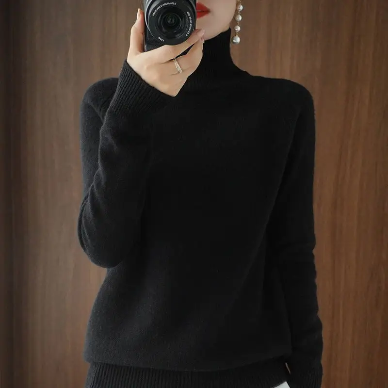 Women High Collar Wool Knit Sweater Large Beige - Image 3