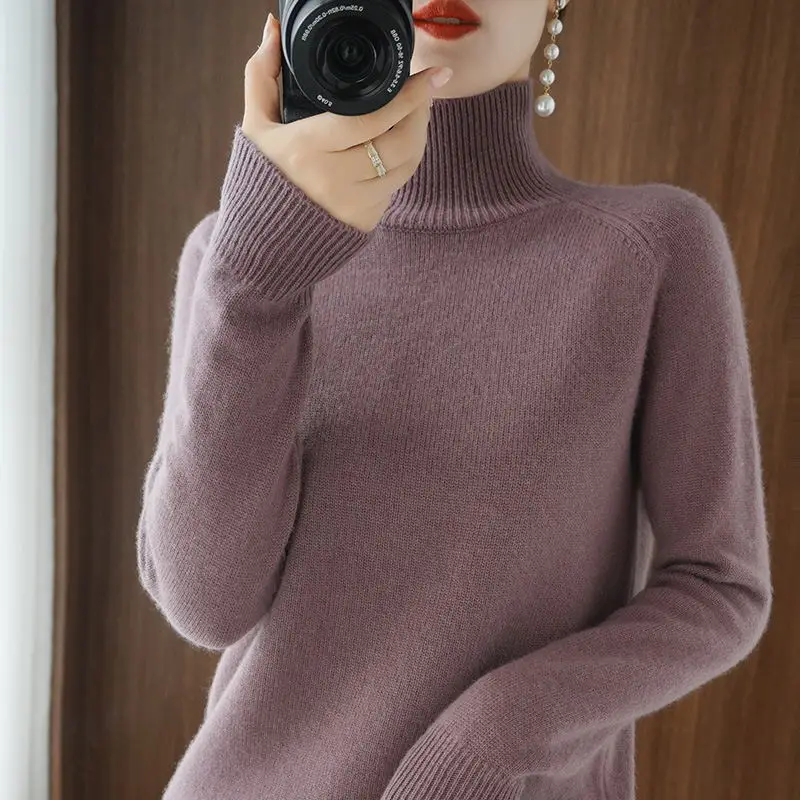 Women High Collar Wool Knit Sweater Large Beige - Image 7
