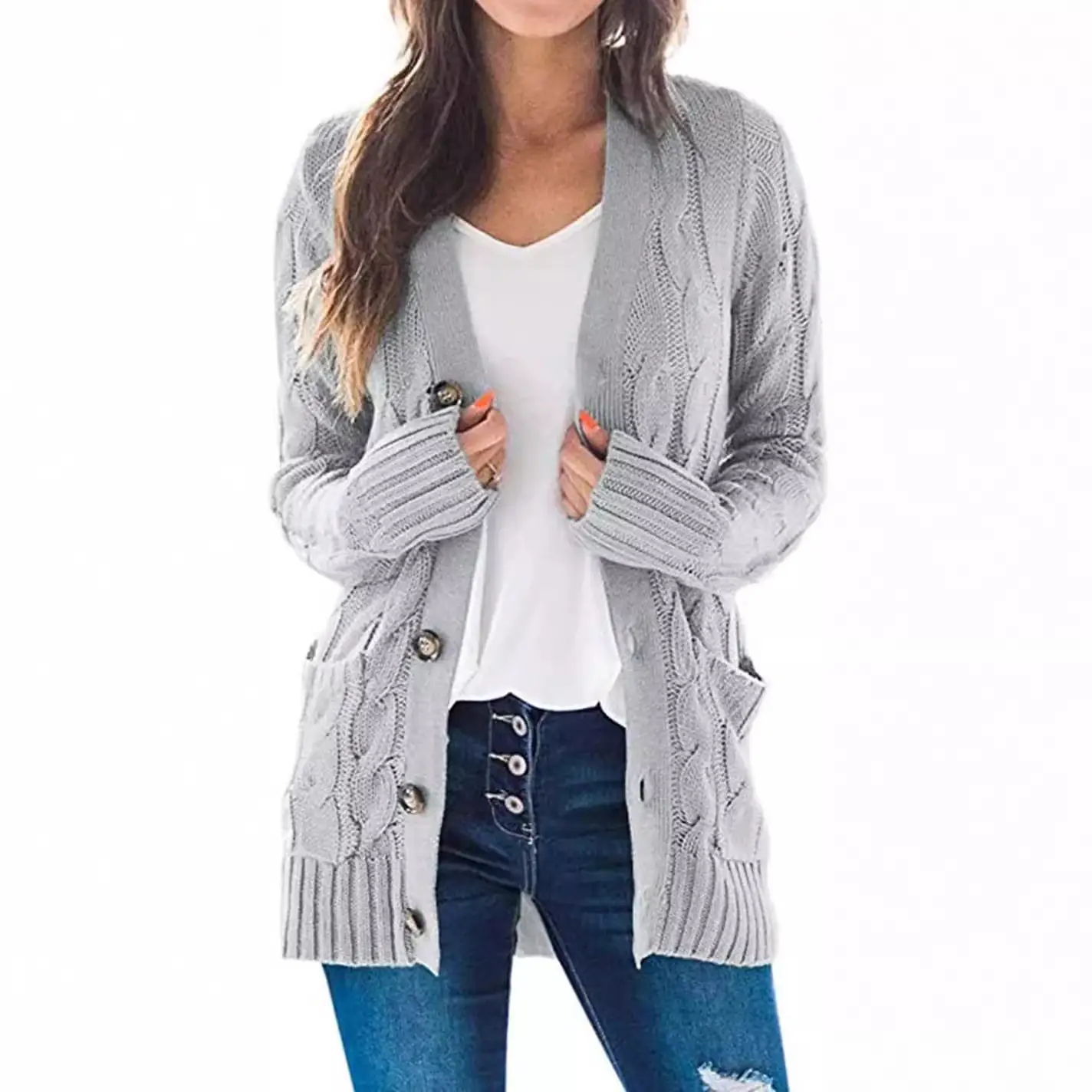 Women's Mid-Length Cable Knit Cardigan Hooded Coat Olive Green - Image 14