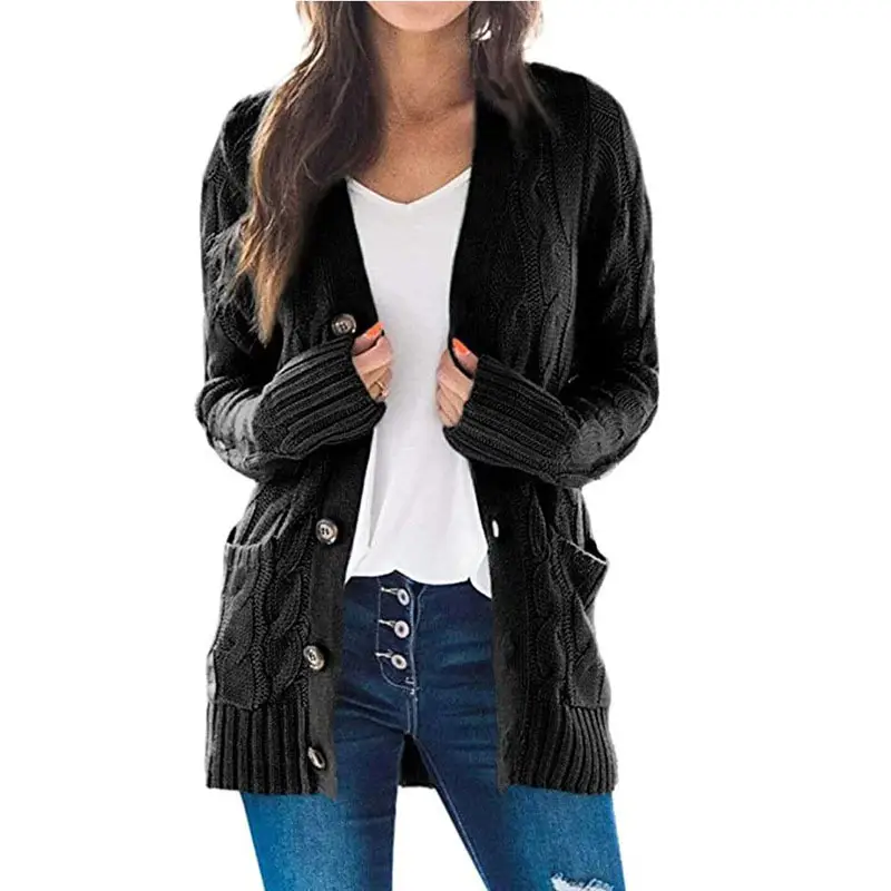 Women's Mid-Length Cable Knit Cardigan Hooded Coat Olive Green - Image 3