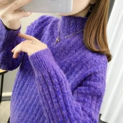 Purple Cable Knit Women's High Neck Sweater - Image 7