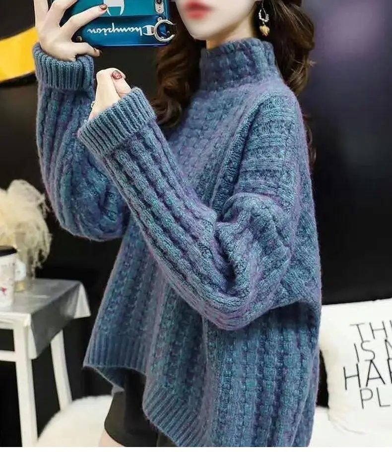 Purple Cable Knit Women's High Neck Sweater — feature 19