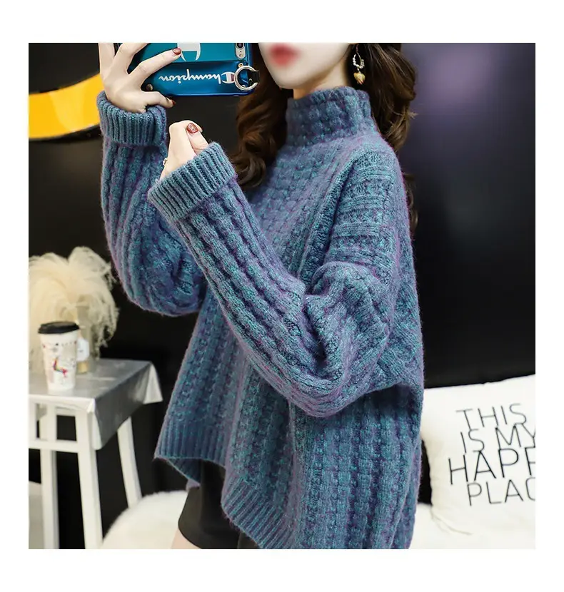 Purple Cable Knit Women's High Neck Sweater — feature 24