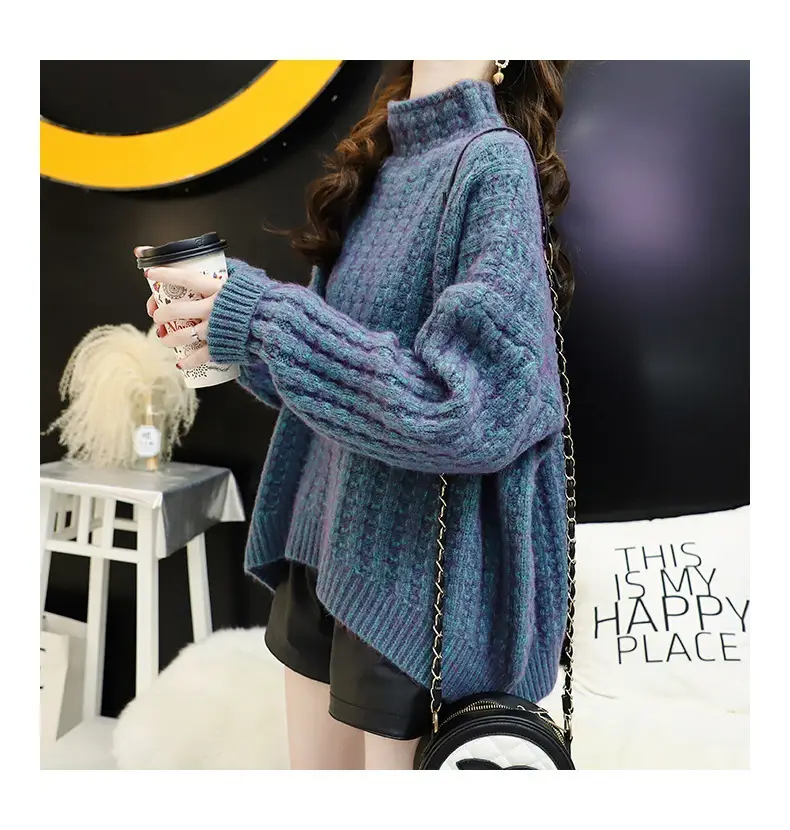 Purple Cable Knit Women's High Neck Sweater — feature 25