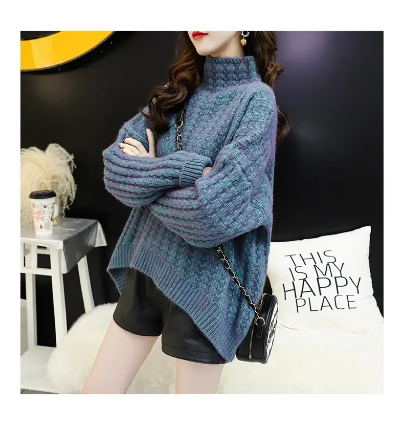 Purple Cable Knit Women's High Neck Sweater — feature 26