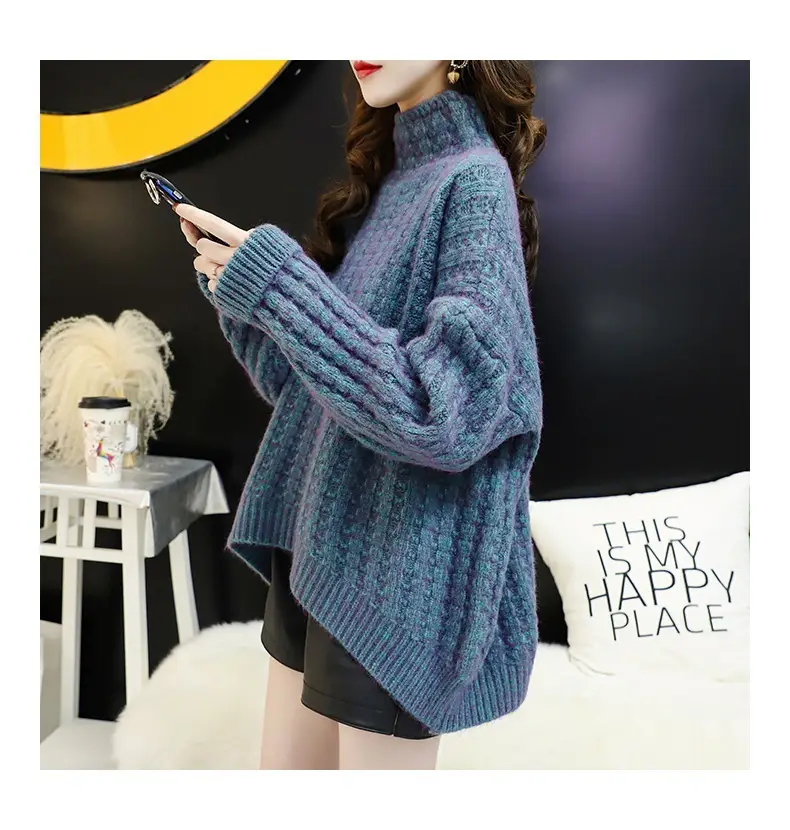 Purple Cable Knit Women's High Neck Sweater — feature 27