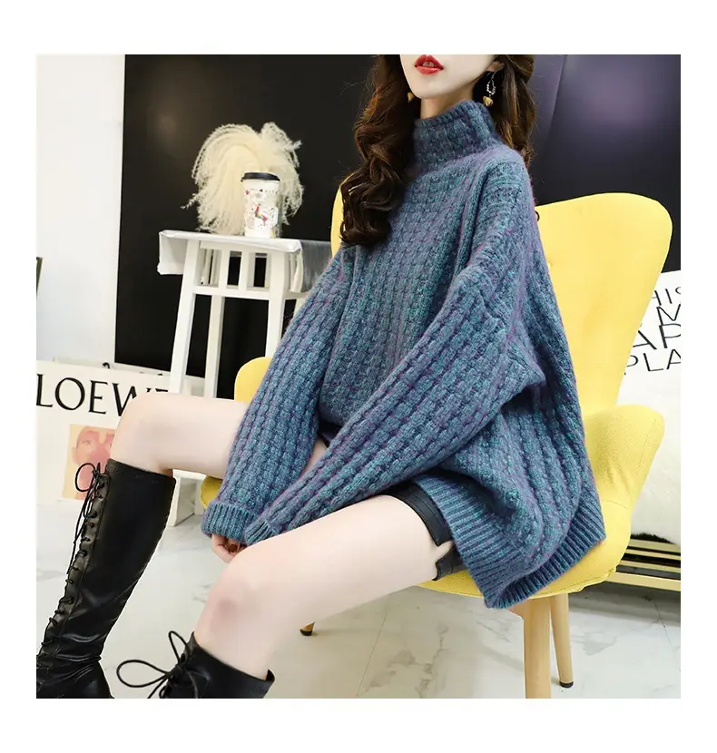Purple Cable Knit Women's High Neck Sweater — feature 28