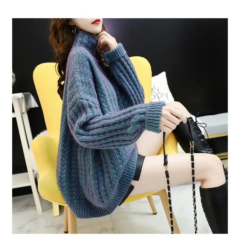 Purple Cable Knit Women's High Neck Sweater — feature 29