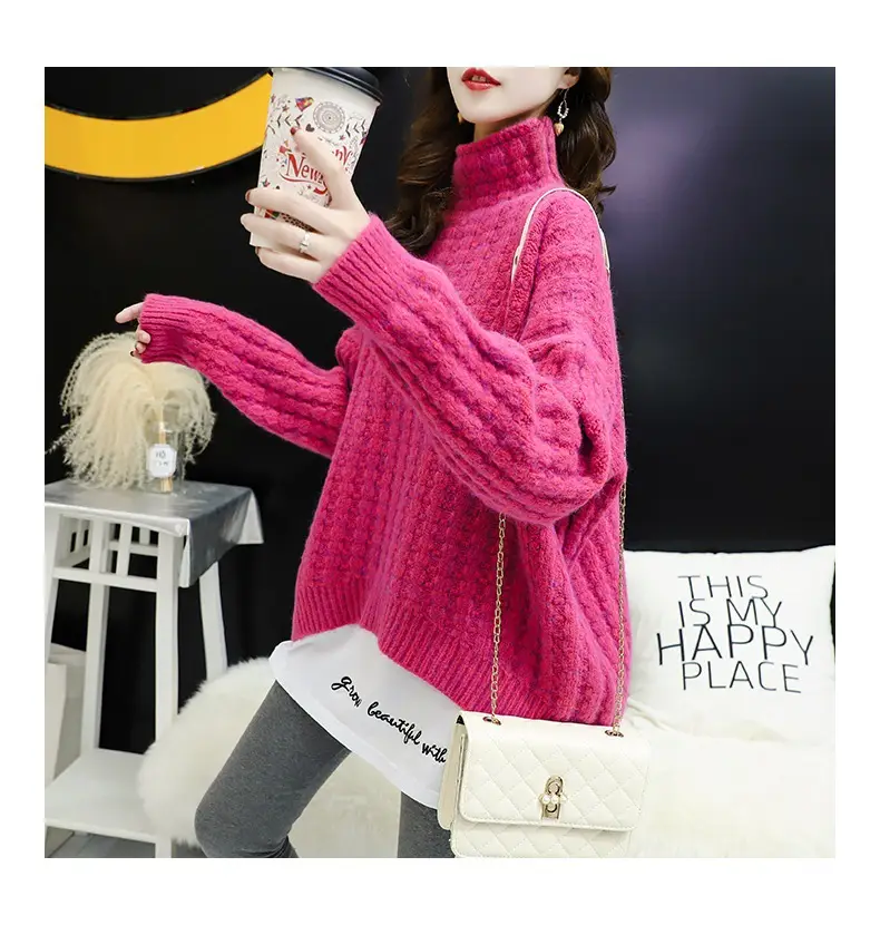 Purple Cable Knit Women's High Neck Sweater — feature 32