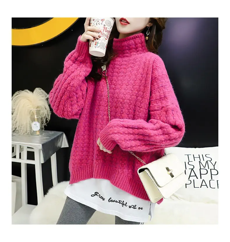 Purple Cable Knit Women's High Neck Sweater — feature 33