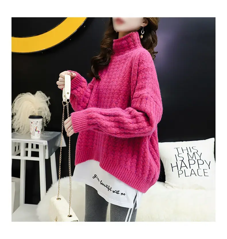 Purple Cable Knit Women's High Neck Sweater — feature 34