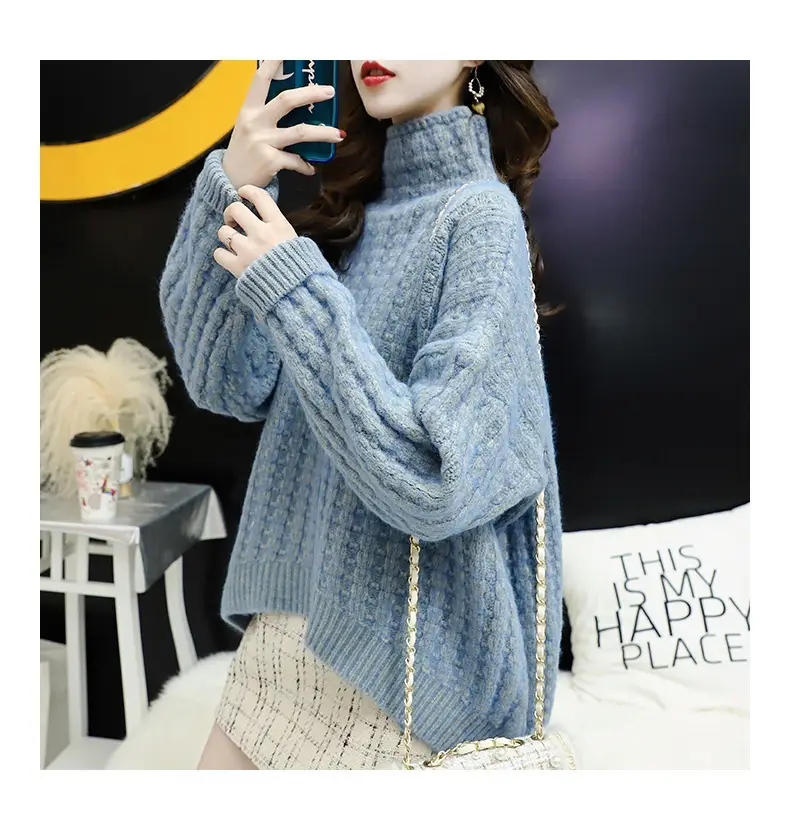 Purple Cable Knit Women's High Neck Sweater — feature 39