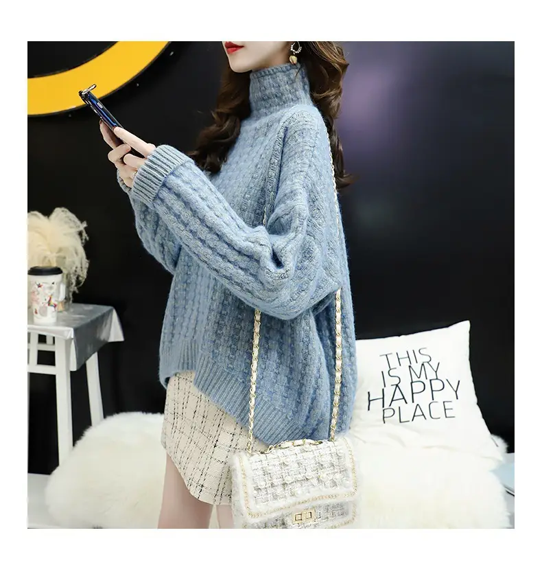 Purple Cable Knit Women's High Neck Sweater — feature 40