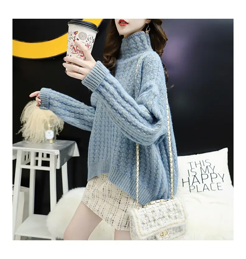Purple Cable Knit Women's High Neck Sweater — feature 41