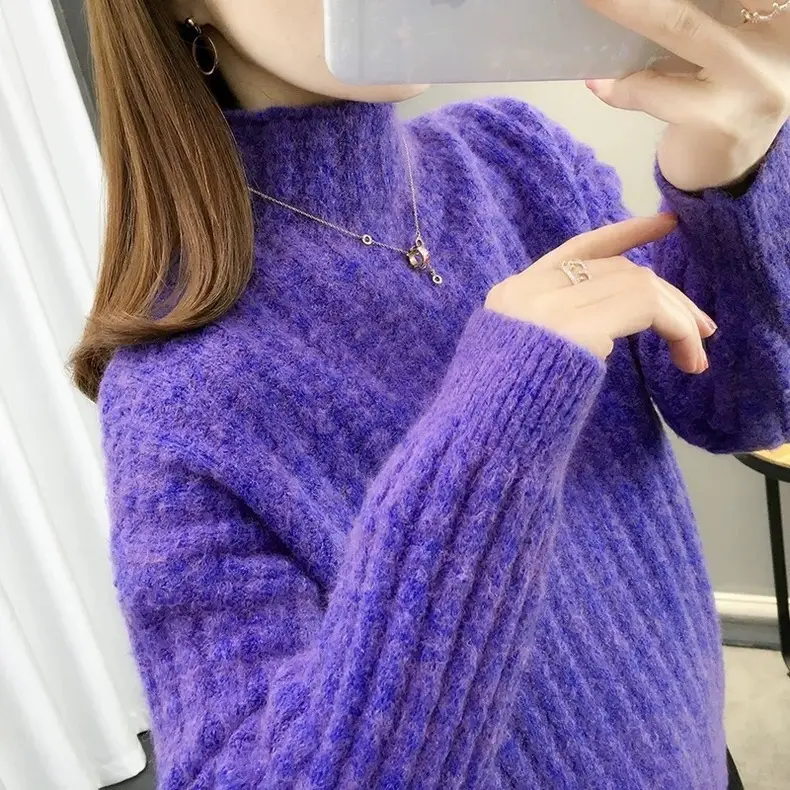 Purple Cable Knit Women's High Neck Sweater — feature 45