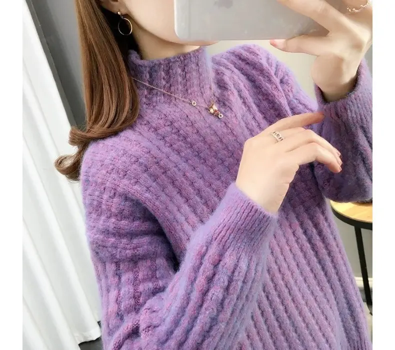 Purple Cable Knit Women's High Neck Sweater — feature 47