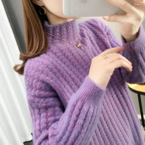Purple Cable Knit Women's High Neck Sweater - Image 2