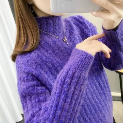 Purple Cable Knit Women's High Neck Sweater - Image 3