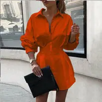 Women's Orange Button Waist Dress with Long Sleeve - Image 7