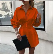 Women's Orange Button Waist Dress with Long Sleeve - Image 2