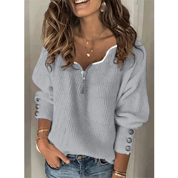 2022 Blue Knitted V-Neck Zipper Top for Women - Image 5