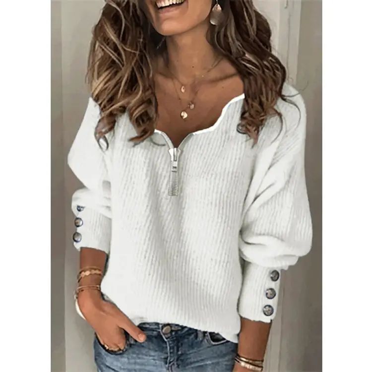 2022 Blue Knitted V-Neck Zipper Top for Women - Image 6