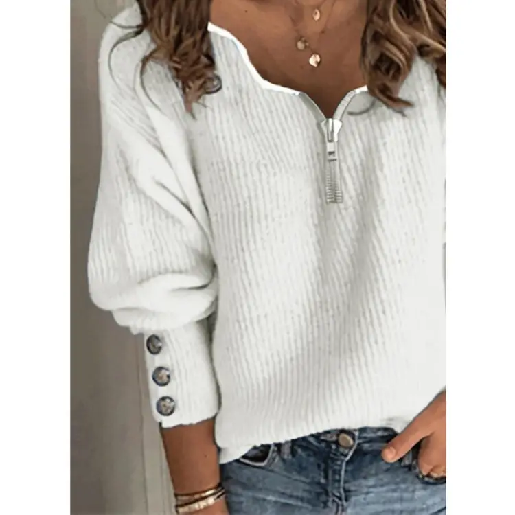 2022 Blue Knitted V-Neck Zipper Top for Women - Image 7