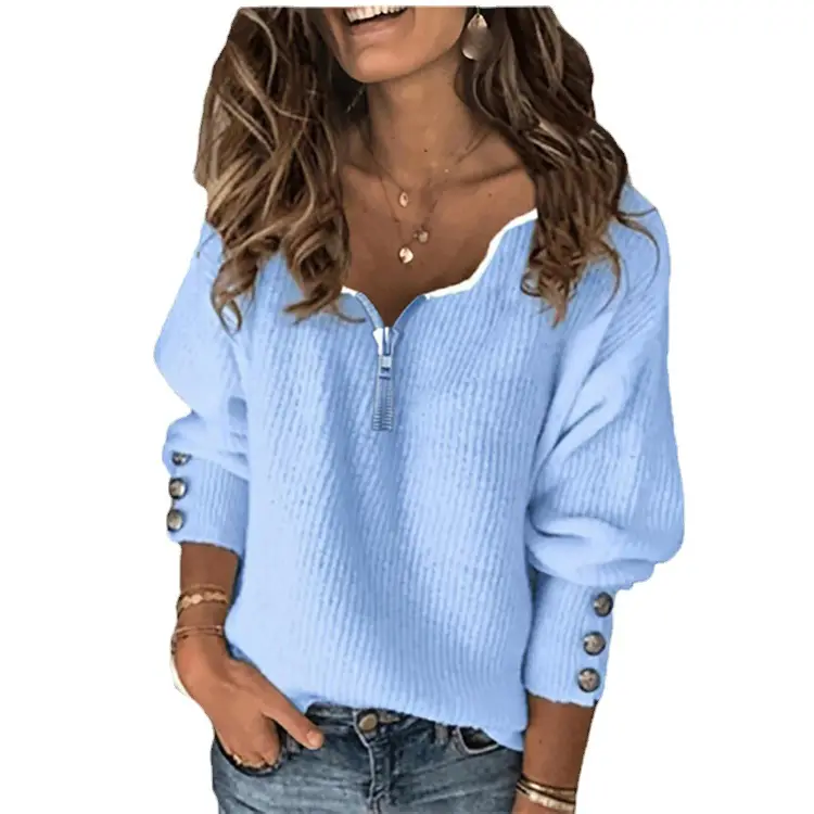 2022 Blue Knitted V-Neck Zipper Top for Women - Image 8