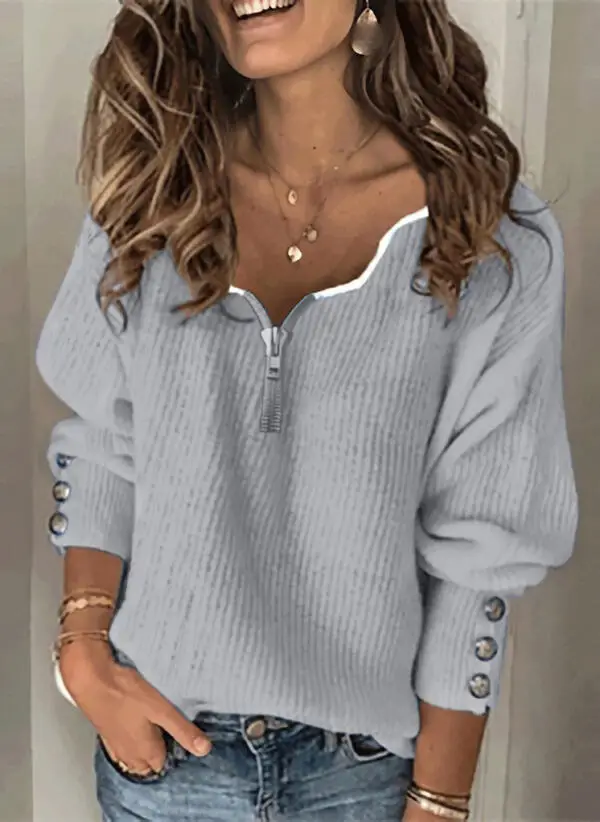 2022 Blue Knitted V-Neck Zipper Top for Women - Image 2