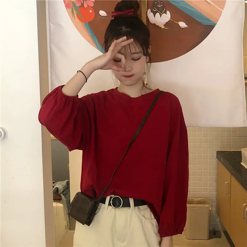 Women Long Sleeve T-Shirt Red Loose Solid Spring Autumn 2026 - Image 12