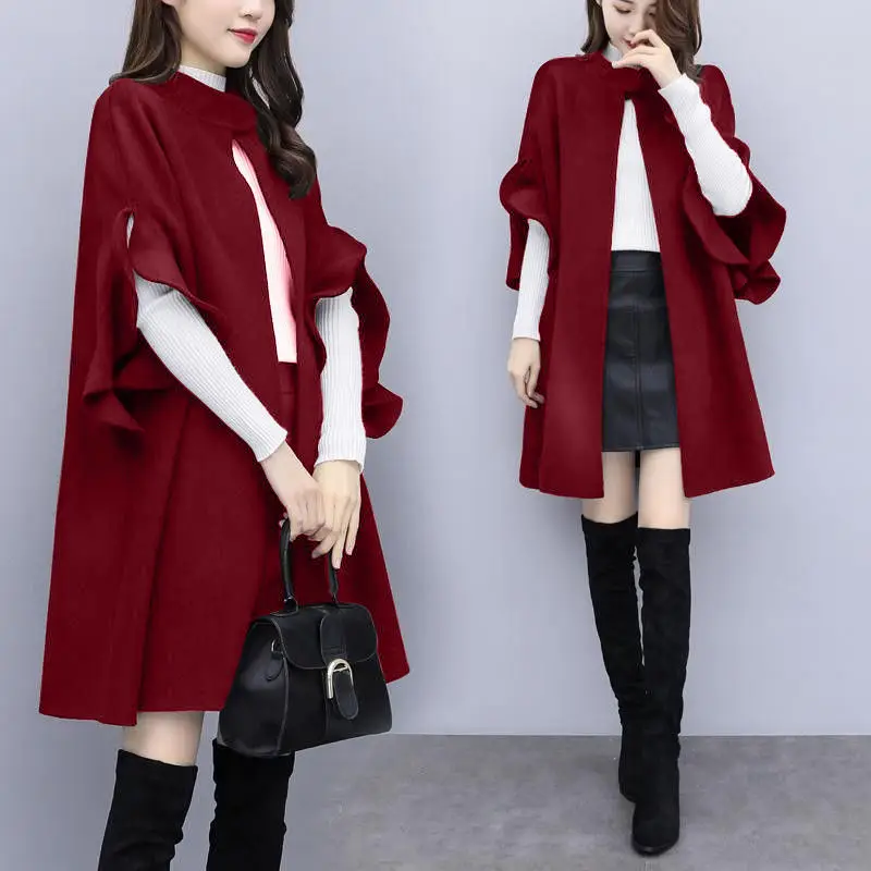 Women Woolen Coat Red British A-Line Cape Medium — feature 14