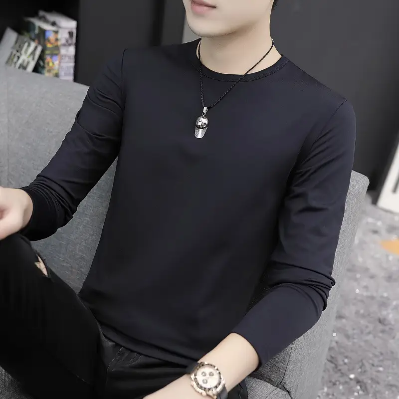 Men Black Long Sleeve T-Shirt Round Neck Spring Fall - Image 3