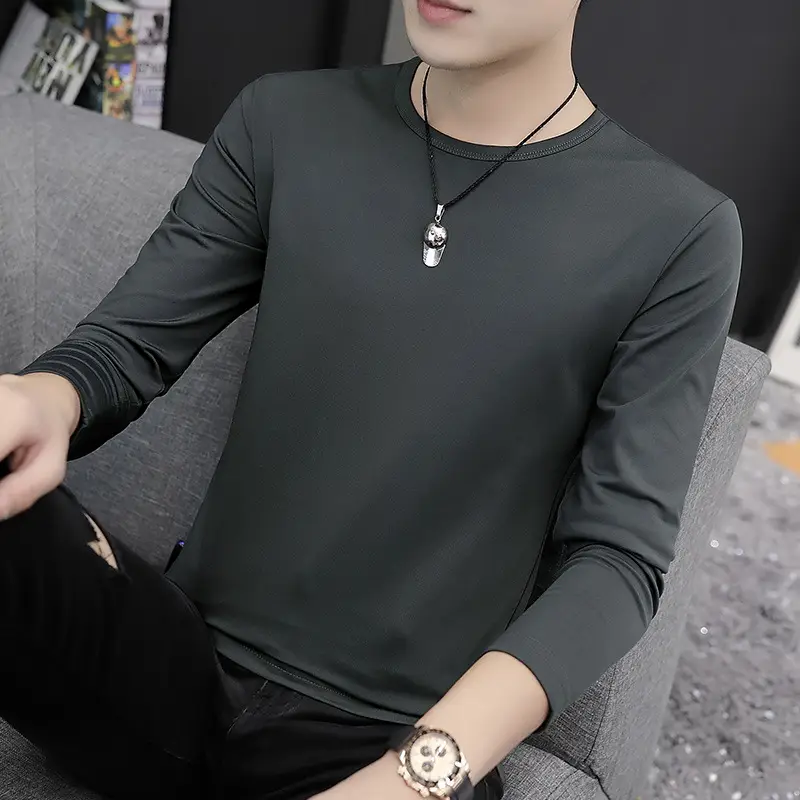 Men Black Long Sleeve T-Shirt Round Neck Spring Fall - Image 5