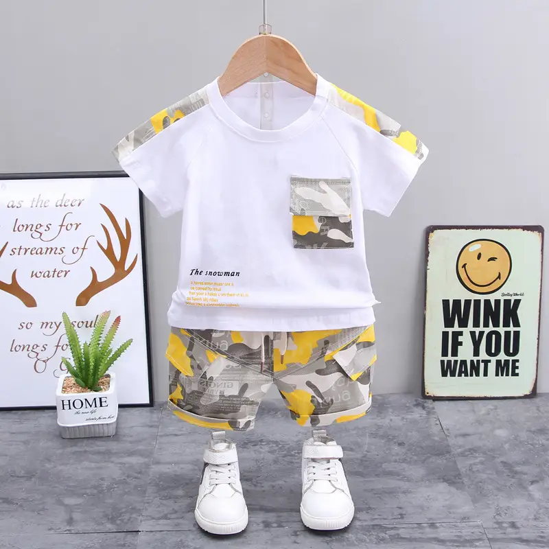 Children's White Camo T-Shirt Shorts Set Summer Casual