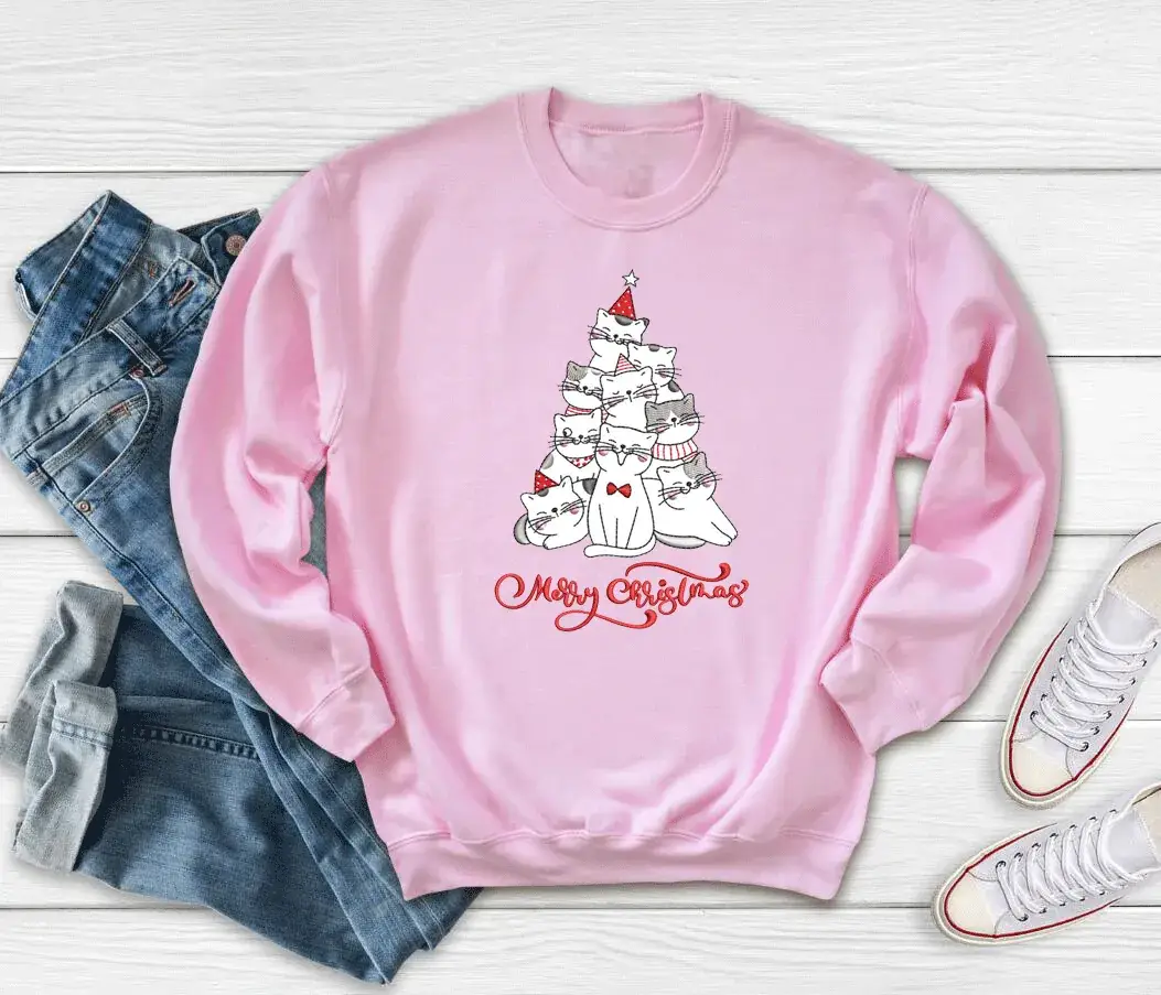 Pink Christmas Tree Printed Sweatshirt Merry Christmas