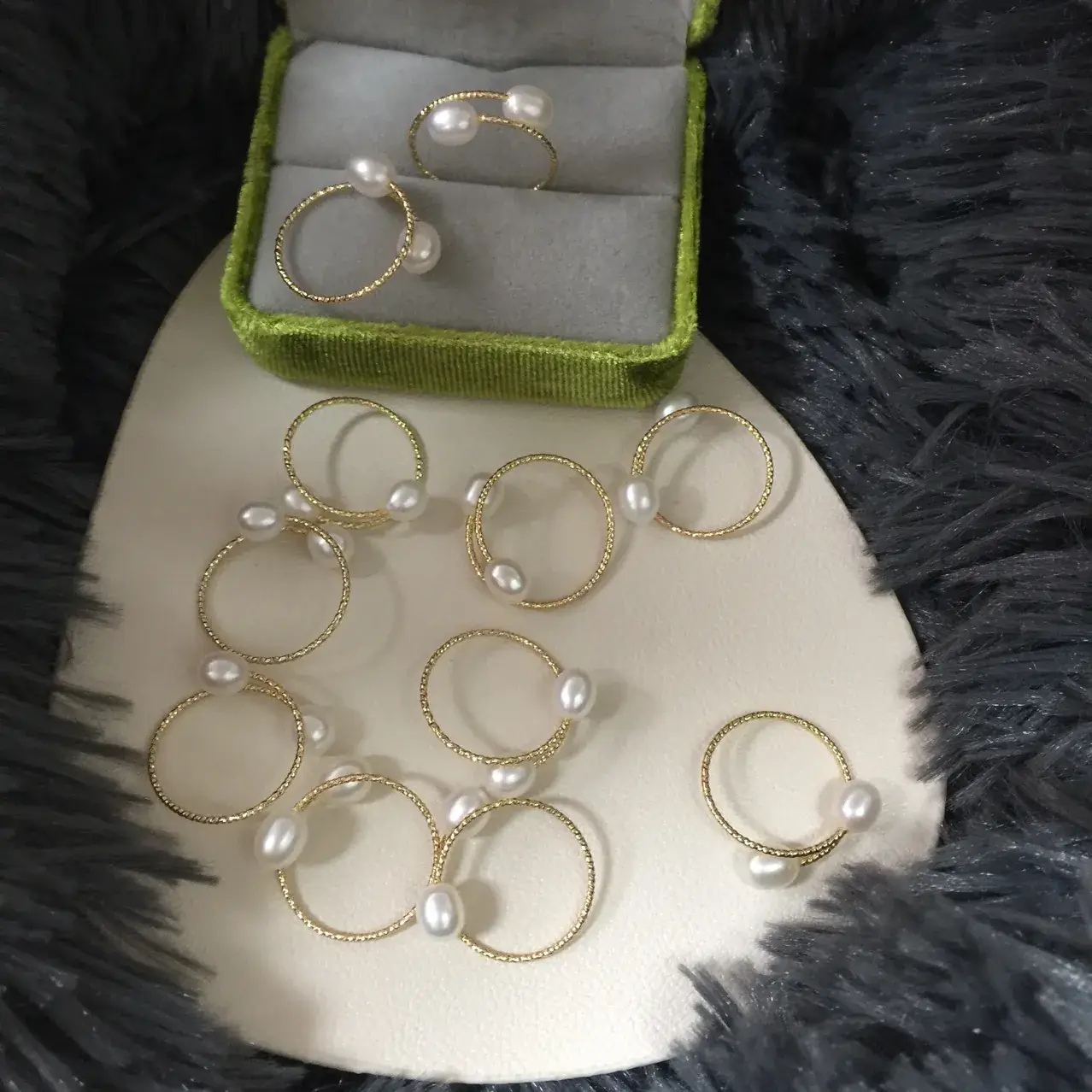 Gold Pearl Double Beads Ring Set for Women