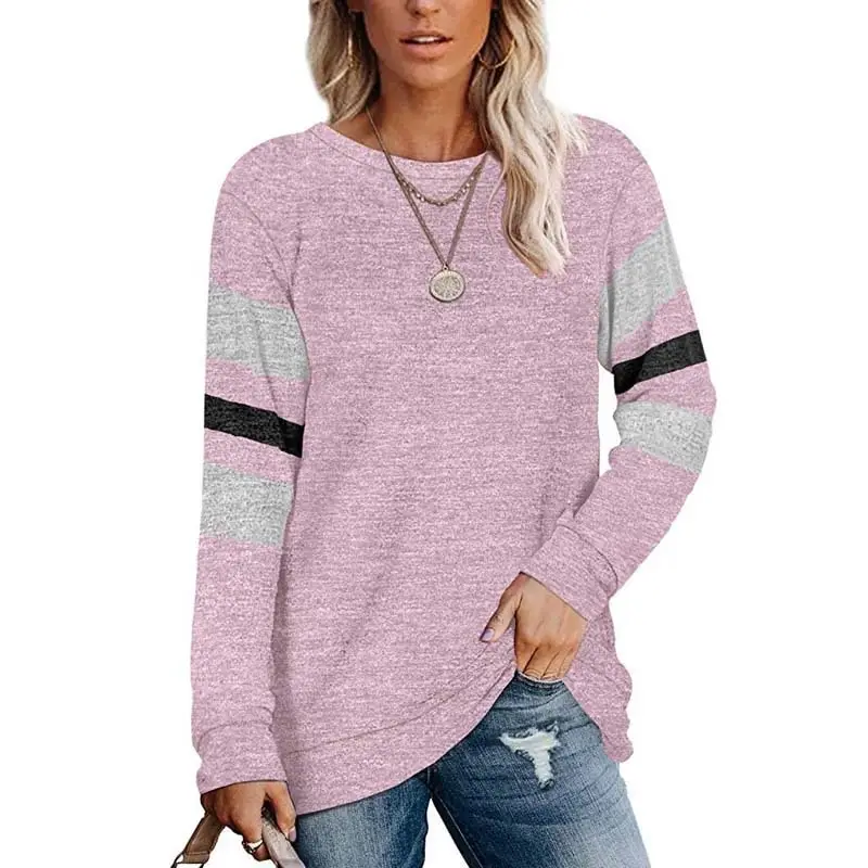 Women Long Sleeve Patchwork T-Shirt Pink Grey Black