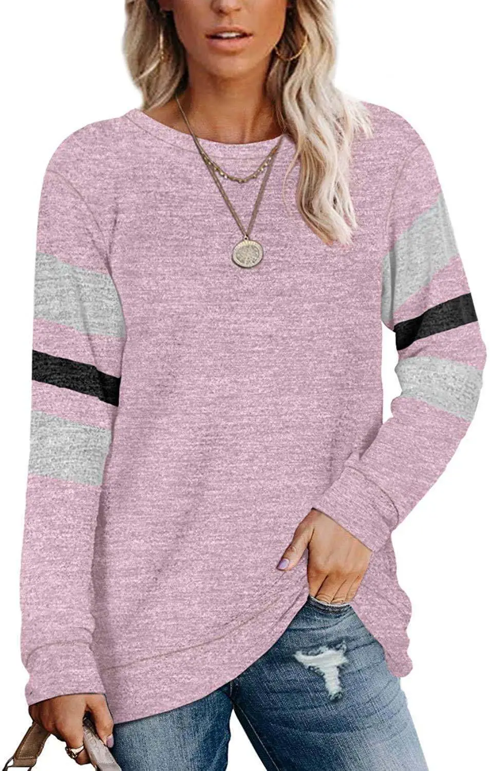 Women Long Sleeve Patchwork T-Shirt Pink Grey Black