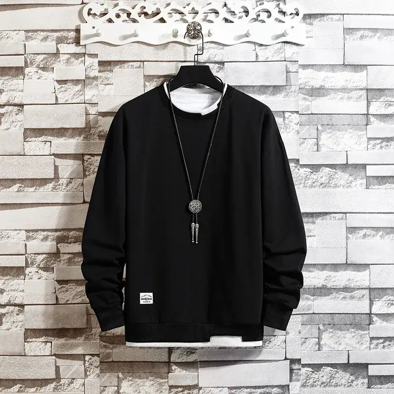 Wei Yi Men's White Loose Crewneck Sweatshirt with Necklace