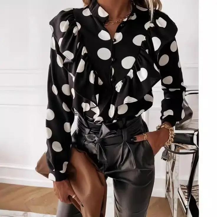Women Long Sleeve Blouse Black White Floral Large Winter - Image 9