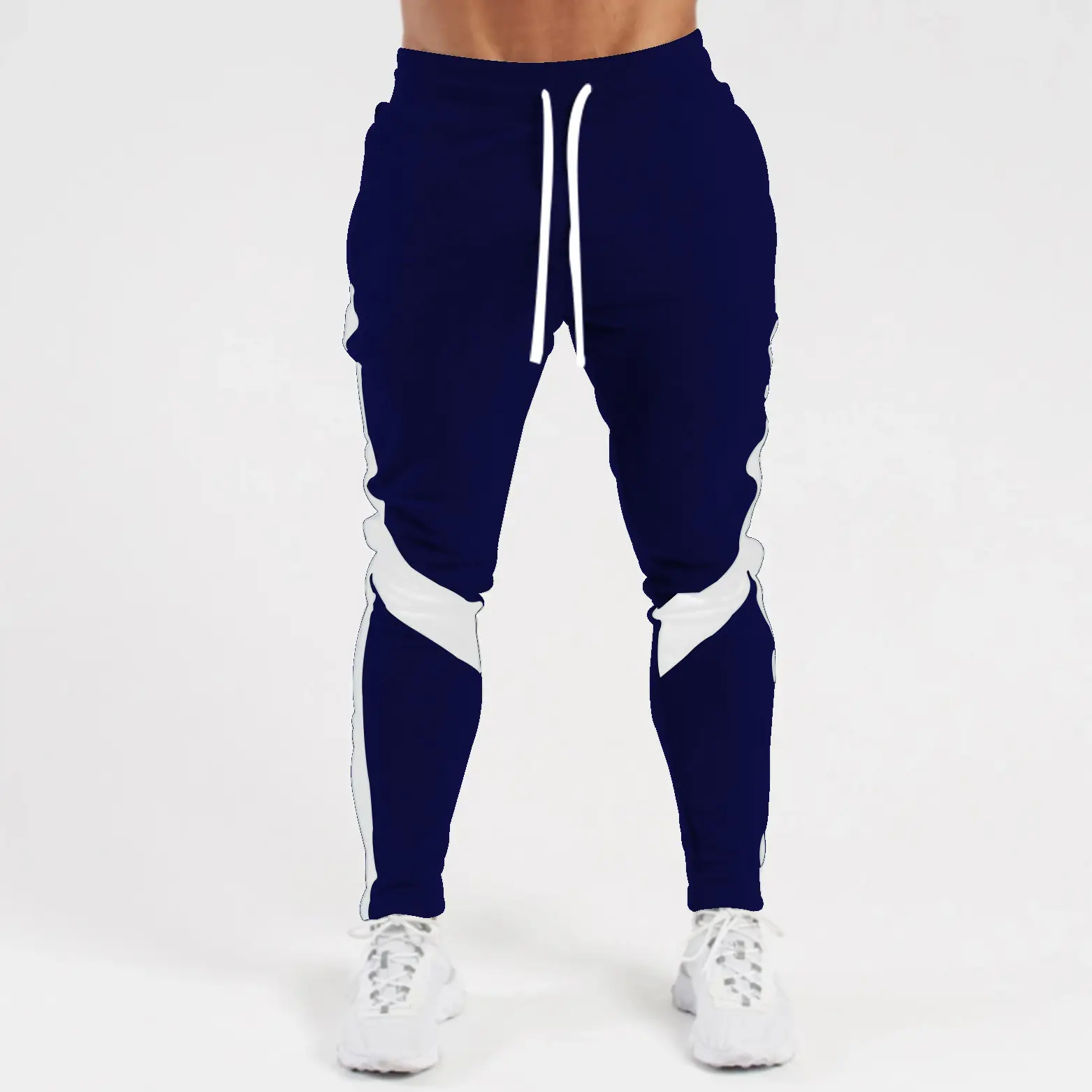 Men's White Slim Fit Fleece Pants with Black Drawstring