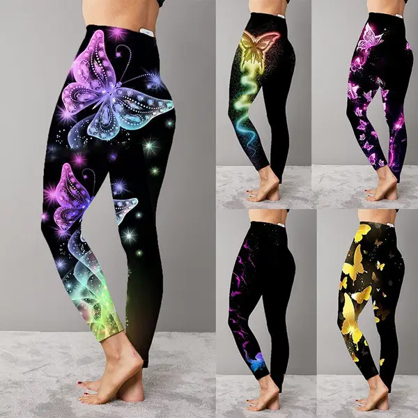Hot Women Printed Yoga Pants Pink Stretch Black - Image 5