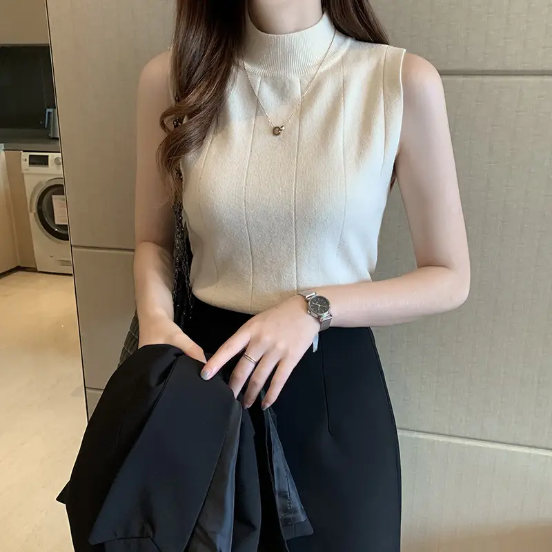 Women Half Turtleneck Sleeveless Shirt White Black Bottom - Image 7