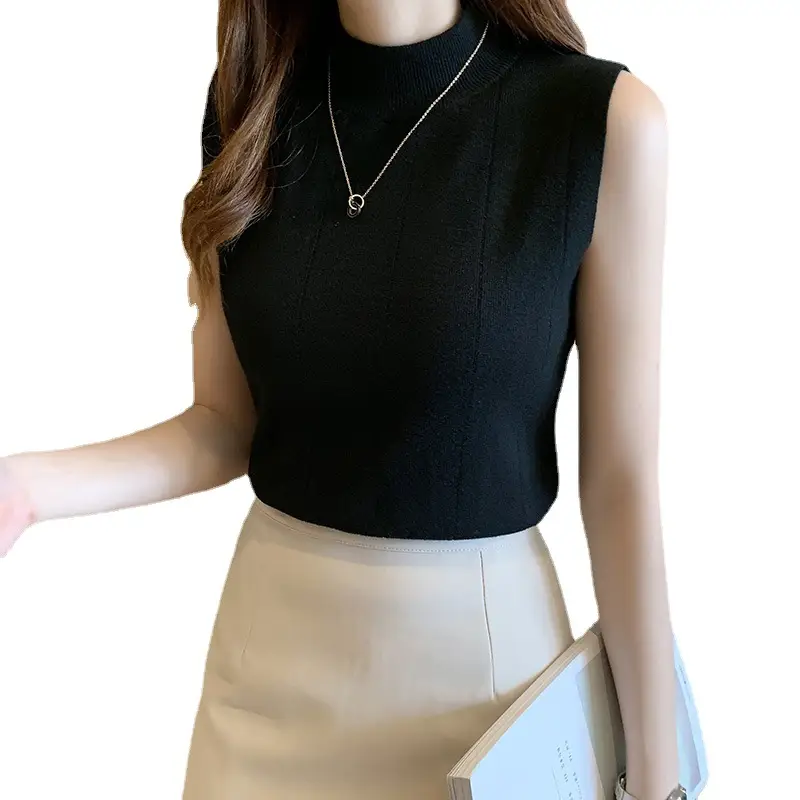 Women Half Turtleneck Sleeveless Shirt White Black Bottom - Image 15