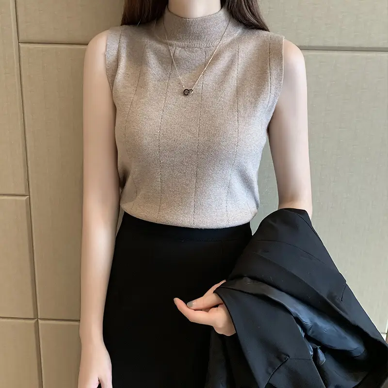 Women Half Turtleneck Sleeveless Shirt White Black Bottom - Image 9