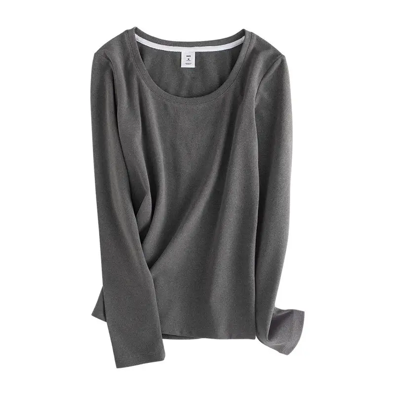 Women Grey Fleece Long Sleeve Shirt Round Neck - Image 3