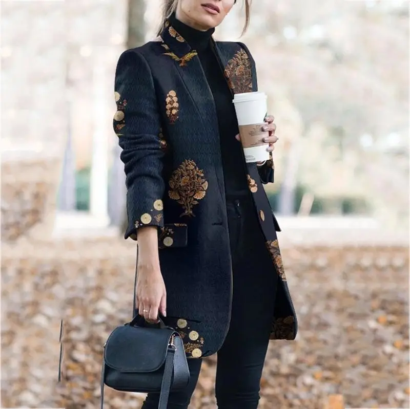Women Printed Collar Woolen Coat Fall Winter European American Fashion - Image 11