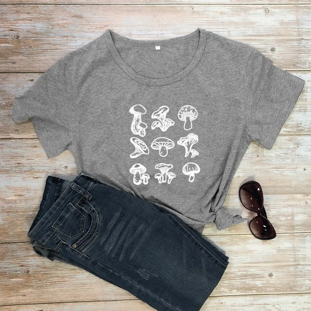 Mushroom Print Grey T-Shirt Short Sleeve - Image 10