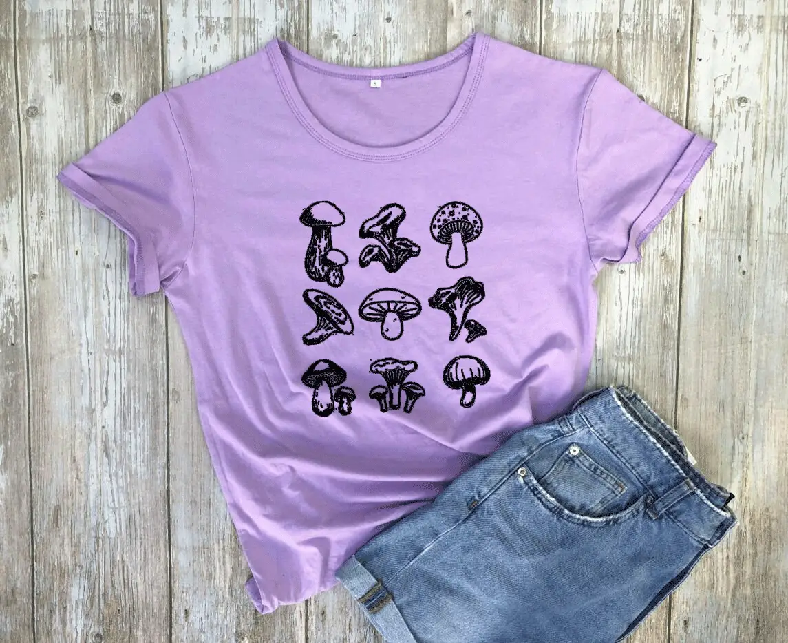 Mushroom Print Grey T-Shirt Short Sleeve - Image 8